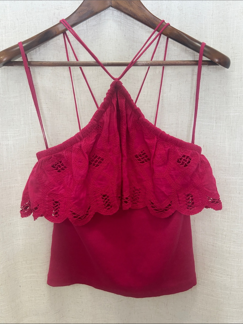 Anthropologie Fuchsia Embroidered Scalloped Ruffle Halter Top Size Small